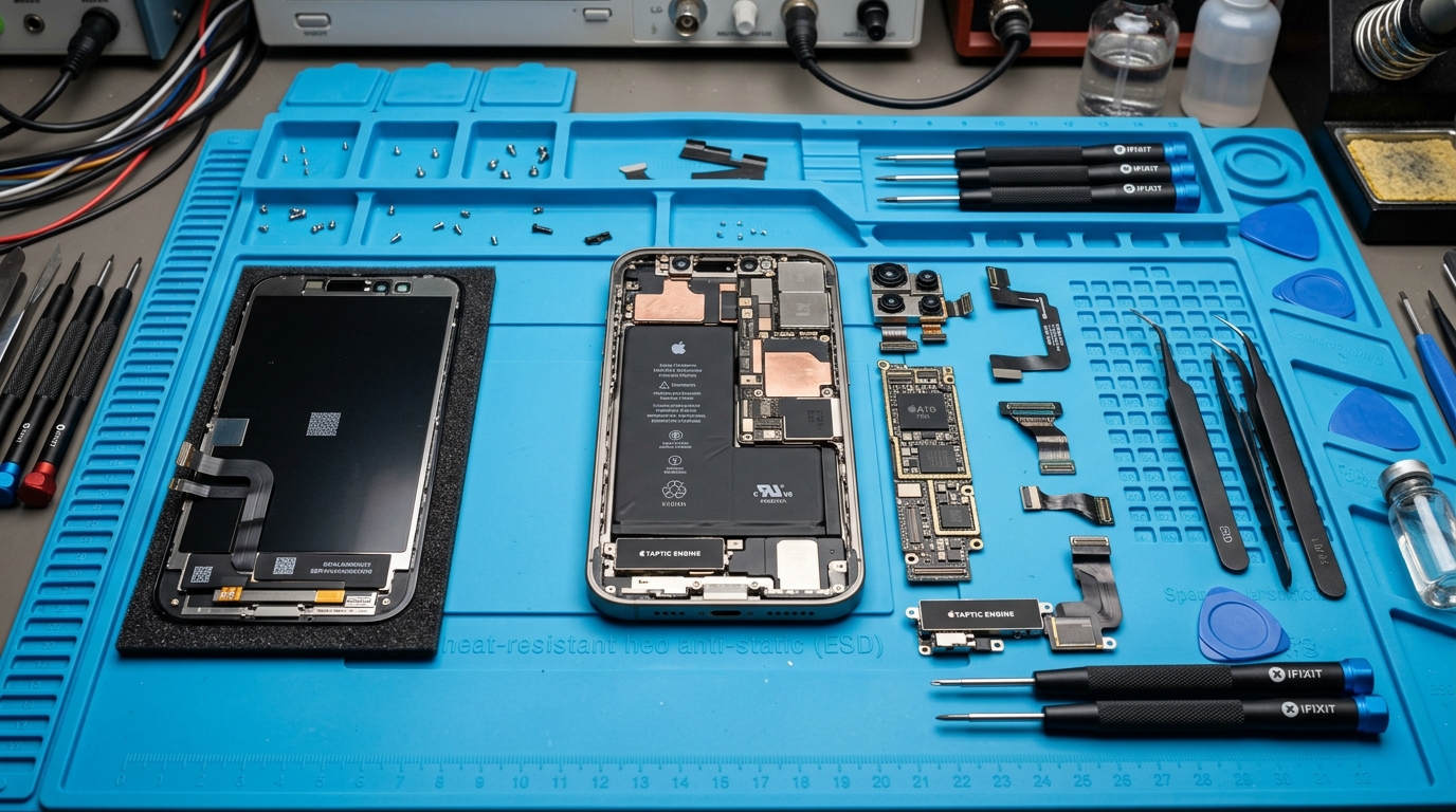 Servicio técnico NISSA - Reparación y desarme de iPhone 16 Pro Max en banco de trabajo profesional